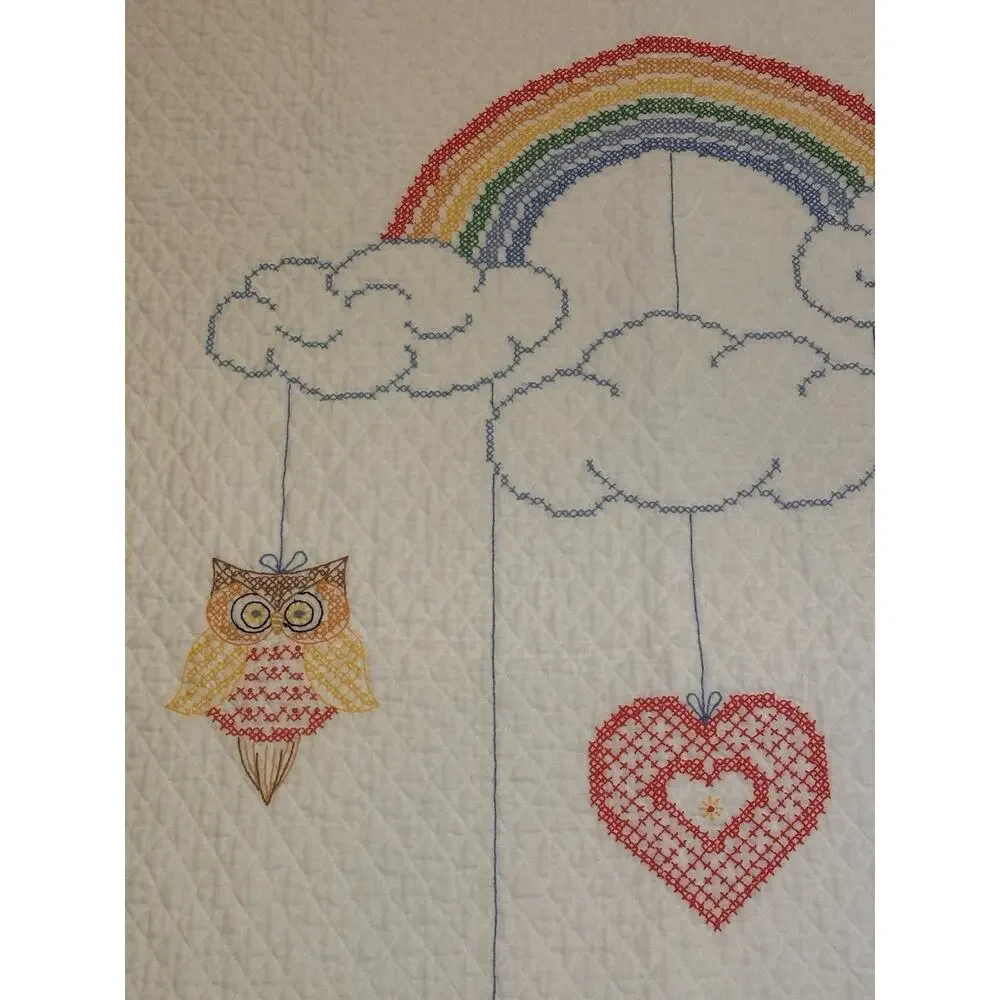 Vintage Cross-Stitch Rainbow Mobile Handmade Baby Quilt Blanket *Read*